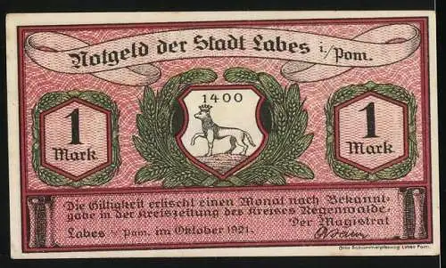 Notgeld Labes, 1921, 1 Mark, Marktansicht und Wappen mit Hirsch im Kranz