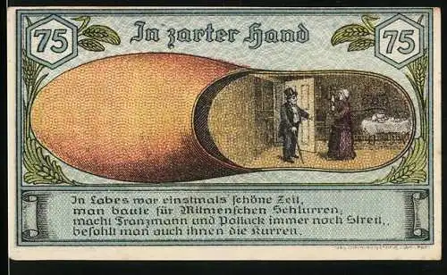 Notgeld Labes 1921, 75 Pfennig, In zarter Hand mit Wappen und Hirsch