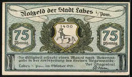 Notgeld Labes 1921, 75 Pfennig, In zarter Hand mit Wappen und Hirsch