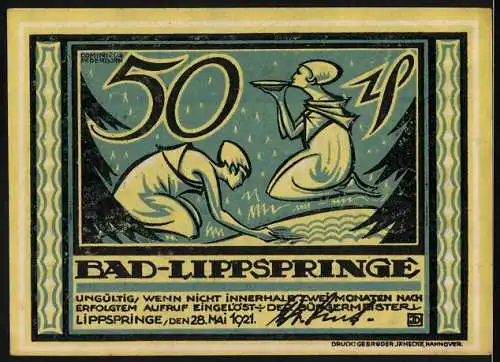 Notgeld Bad Lippspringe, 1921, 50 Pfennig, Gutschein der Stadt mit Waldmotiv und Menschen am Wasser