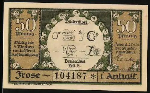 Notgeld Frose 1921, 50 Pfennig, Rätsel-Motiv, Rückseite mit Landschaft und Bauern bei der Arbeit