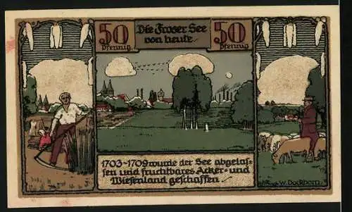 Notgeld Frose 1921, 50 Pfennig, Rätsel-Motiv, Rückseite mit Landschaft und Bauern bei der Arbeit