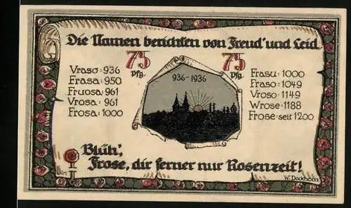 Notgeld Frose, 1921, 75 Pfennig, Dreierstaffel Teil 2, Einsatzbefehl und Rosenmotiv