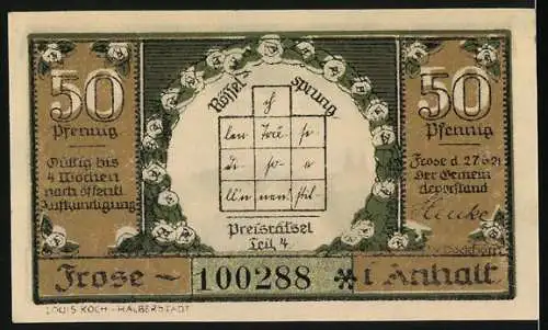 Notgeld Frose, 1921, 50 Pfennig, Überschwemmungsgebiet zwischen Gatersleben und Frose, Rückseite Preisausschreiben