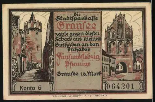 Notgeld Gransee, 1921, 75 Pfennig, mittelalterliche Stadtansicht und Handwerker mit Bierfass