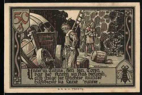 Notgeld Gransee, 1921, 50 Pfennig, landwirtschaftliche Szene und Stadtansichten