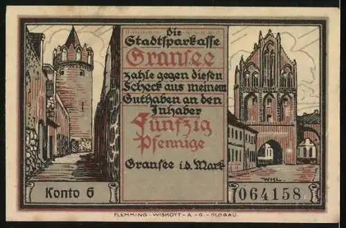 Notgeld Gransee, 1921, 50 Pfennig, landwirtschaftliche Szene und Stadtansichten