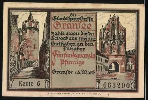 Notgeld Gransee, 1921, 25 Pfennig, Soldat mit Fernglas und Stadtansicht mit gotischem Gebäude