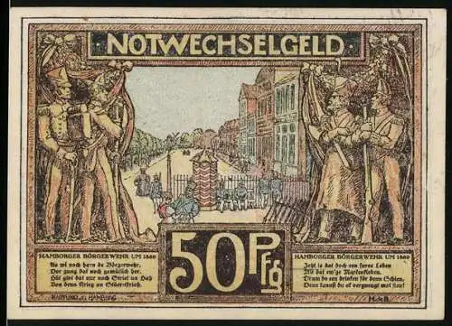 Notgeld Hamburg, 1921, 50 Pfennig, Hamburger Bürgerwehr um 1860 und Jungfernstieg um 1800