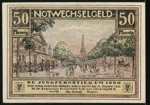 Notgeld Hamburg, 1921, 50 Pfennig, Hamburger Bürgerwehr um 1860 und Jungfernstieg um 1800