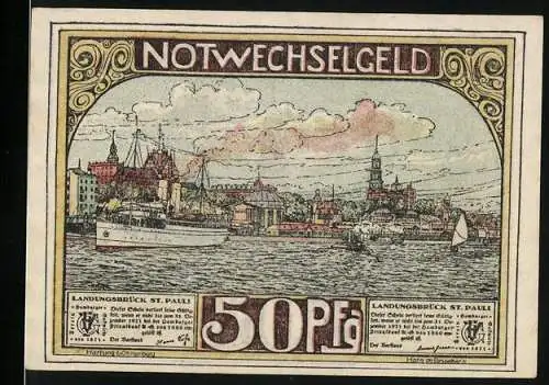 Notgeld Hamburg 1921, 50 Pf, Landungsbrücken St. Pauli und St. Michaelis, Stadtansichten und Gedichte