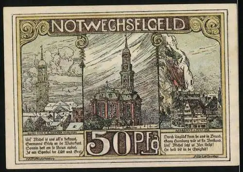 Notgeld Hamburg 1921, 50 Pf, Landungsbrücken St. Pauli und St. Michaelis, Stadtansichten und Gedichte