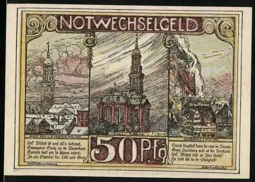Notgeld Hamburg 1921, 50 Pf, Stadtansichten mit Kirche und Schiffen