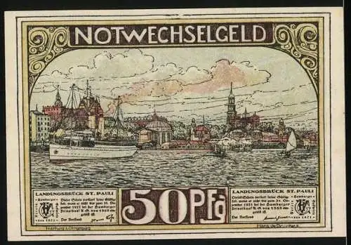Notgeld Hamburg 1921, 50 Pf, Stadtansichten mit Kirche und Schiffen