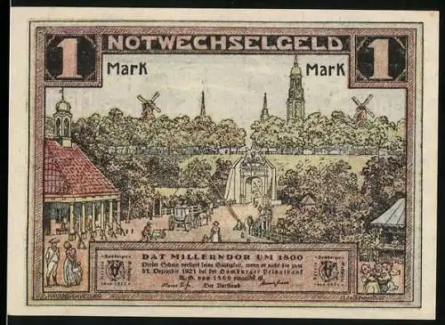 Notgeld Hamburg, 1921, 1 Mark, Vorderseite Stadtansicht mit Windmühlen, Rückseite Szenen mit Personen und Gebäuden