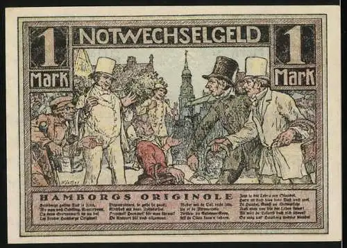 Notgeld Hamburg, 1921, 1 Mark, Vorderseite Stadtansicht mit Windmühlen, Rückseite Szenen mit Personen und Gebäuden