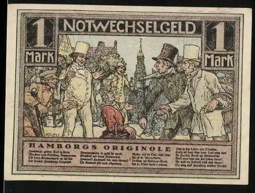 Notgeld Hamburg, 1921, 1 Mark, Hamborgs Originole mit Stadtansicht und Dat Millerndor um 1600