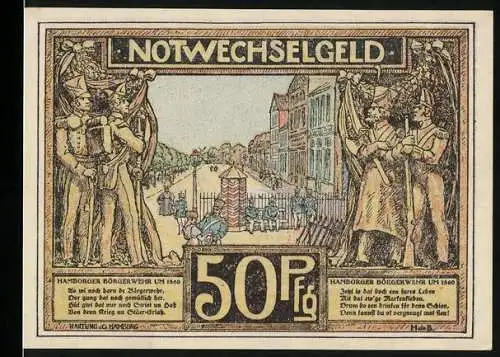 Notgeld Hamburg 1921, 50 Pfennig, Hamburg Bürgerwehr und Jungfernstieg um 1800