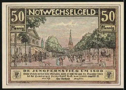 Notgeld Hamburg 1921, 50 Pfennig, Hamburg Bürgerwehr und Jungfernstieg um 1800