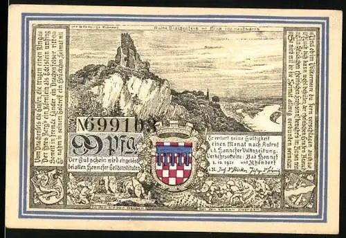 Notgeld Bad Honnef am Rhein, 1.10.1921, 50 Pfennig, Ruine Drachenfels und Rheinpanorama