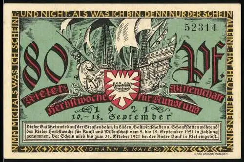 Notgeld Kiel 1921, 80 Pf, Herbstwoche für Kunst und Wissenschaft, Gründer der Universität Kiel