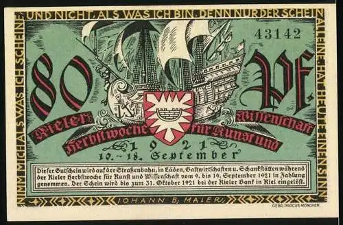 Notgeld Kiel, 1921, 80 Pf, Gründer der Universität Kiel und Herbstwoche für Kunst und Wissenschaft