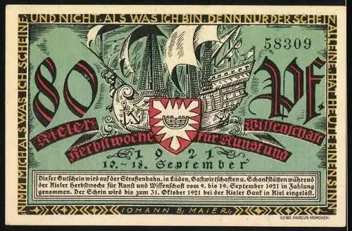 Notgeld Kiel 1921, 80 Pf, Herbstwoche für Kunst und Wissenschaft, bunte Szenen und Schiffe