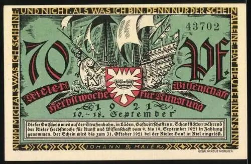 Notgeld Kiel, 1921, 70 Pfennig, Die alten Speicher und Herbstwoche für Kunst und Wissenschaft