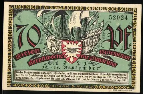 Notgeld Kiel 1921, 70 Pfennig, Herbstwoche für Kunst und Wissenschaft, Kieler Stadtansicht und Segelschiff