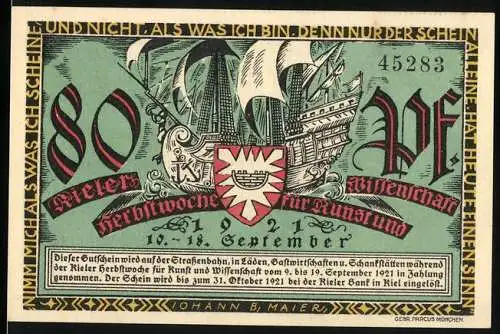 Notgeld Kiel, 1921, 80 Pf, Herbstwoche für Kunst und Wissenschaft, Segelschiff und Stadtwappen, Marktszenen