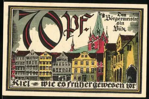 Notgeld Kiel, 1921, 70 Pf, Stadtansicht und Schiff mit Wappen