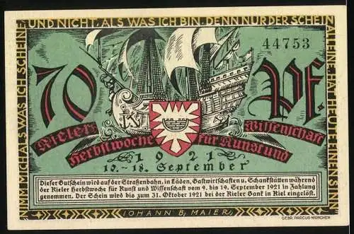 Notgeld Kiel, 1921, 70 Pf, Stadtansicht und Schiff mit Wappen