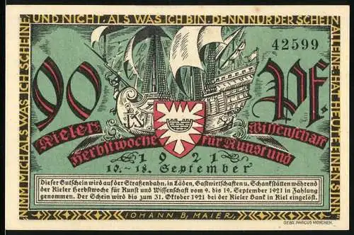 Notgeld Kiel 1921, 90 Pfennig, Segelschiff und Kieler Sprotten