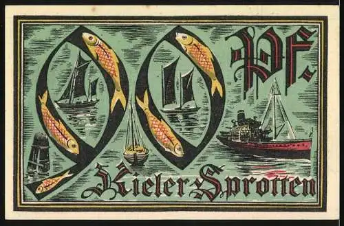 Notgeld Kiel 1921, 90 Pfennig, Segelschiff und Kieler Sprotten