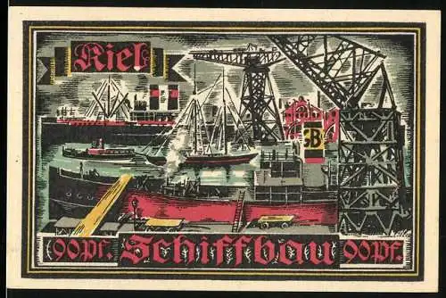 Notgeld Kiel 1921, 90 Pfennig, Schiffbau-Szene und Segelschiff mit Herbstwoche für Kunst und Wissenschaft