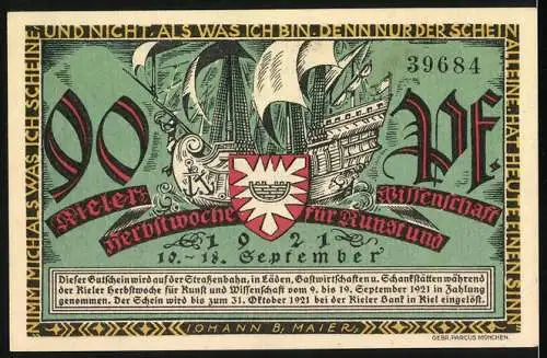 Notgeld Kiel 1921, 90 Pfennig, Schiffbau-Szene und Segelschiff mit Herbstwoche für Kunst und Wissenschaft