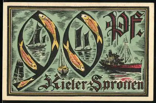 Notgeld Kiel, 1921, 90 Pfennig, Kieler Sprotten, Herbstwoche für Kunst und Wissenschaft, Schifffahrtsmotiv