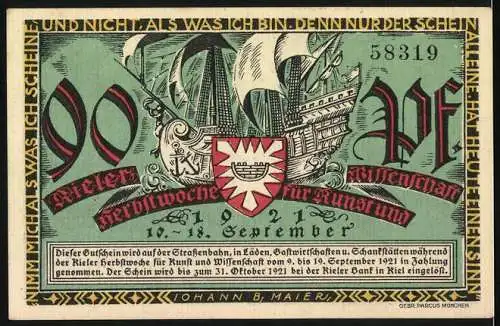 Notgeld Kiel, 1921, 90 Pfennig, Kieler Sprotten, Herbstwoche für Kunst und Wissenschaft, Schifffahrtsmotiv