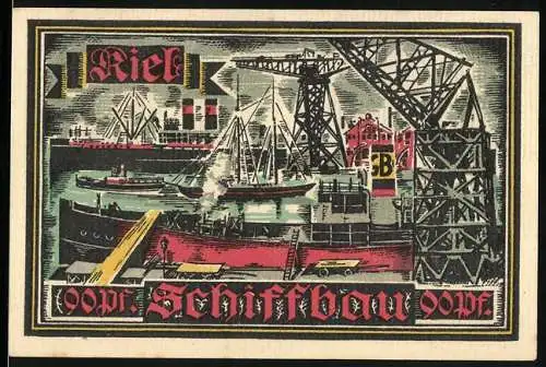 Notgeld Kiel, 1921, 90 Pf, Schiffbau und Herbstwoche für Kunst und Wissenschaft