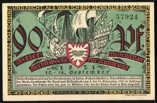 Notgeld Kiel, 1921, 90 Pf, Schiffbau und Herbstwoche für Kunst und Wissenschaft