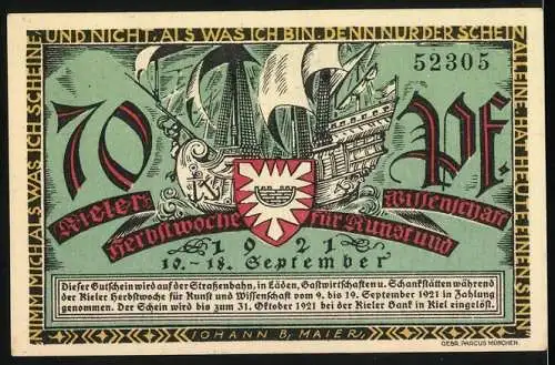 Notgeld Kiel, 1921, 70 Pfennig, Die alten Speicher und Wissenschaft Herbwoche für Kunst und Kultur