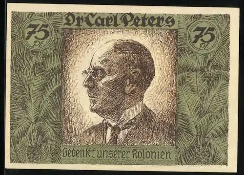 Notgeld Berlin 1921, 75 Pf, Dr. Carl Peters mit Kolonialkarte Afrikas, Serie B