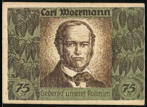 Notgeld Berlin 1922, 75 Pf, Carl Woermann und Afrika-Karte, Deutscher Kolonialgedenktag