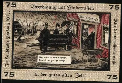 Notgeld Neugraben-Hausbruch 1921, 75 Pfennig, Beerdigung mit Hindernissen vor einer Gastwirtschaft