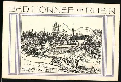 Notgeld Bad Honnef am Rhein, 1921, 50 Pfennig, mit Stadtansicht und Wappen, Seriennummer 99853