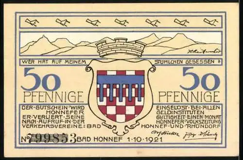 Notgeld Bad Honnef am Rhein, 1921, 50 Pfennig, mit Stadtansicht und Wappen, Seriennummer 99853