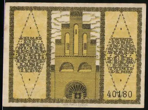 Notgeld Neustadt in Holstein, 1921, 20 Pfennig, gelb-schwarz mit Stadtwappen und Turmabbildung