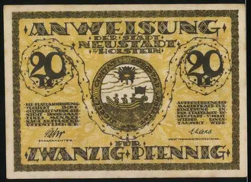 Notgeld Neustadt in Holstein, 1921, 20 Pfennig, gelb-schwarz mit Stadtwappen und Turmabbildung