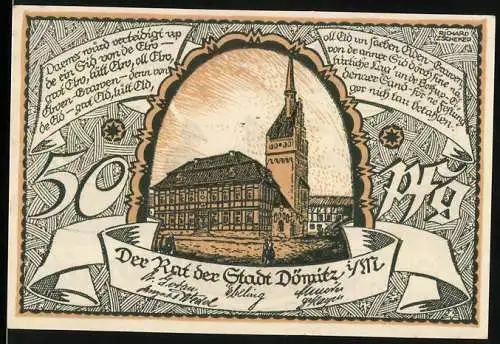 Notgeld Dömitz, 1921, 50 Pfennig, Stadtansicht mit Rathaus und Fischer am Fluss