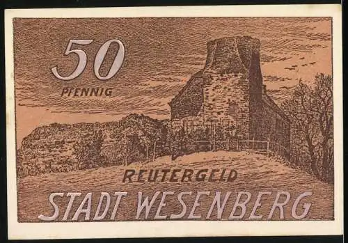 Notgeld Wesenberg, 1921, 50 Pfennig, Reutergeld mit Pferdegespann und Burgruine